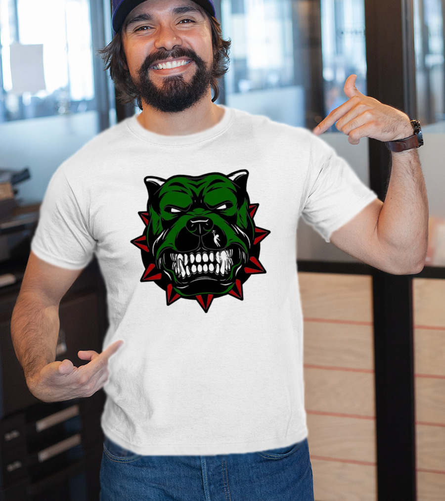 Angry Pitbull With Green Face And Red Spiked Collar Merry Christmas T-Shirt