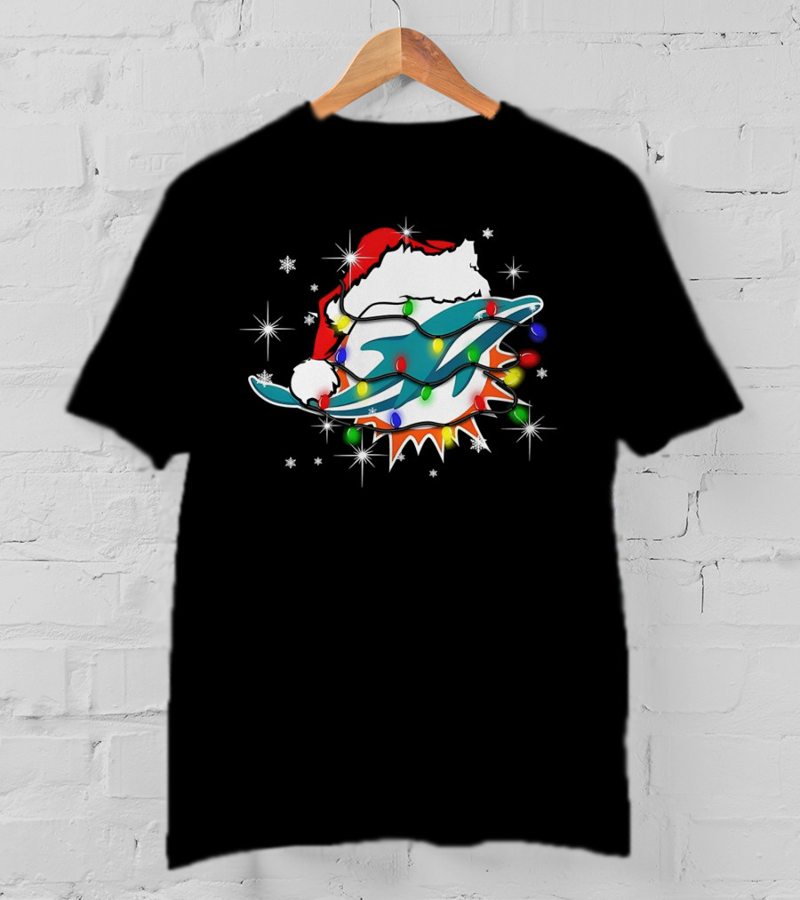 Miami Dolphins Santa Hat Christmas Lights Snowflakes T-Shirt