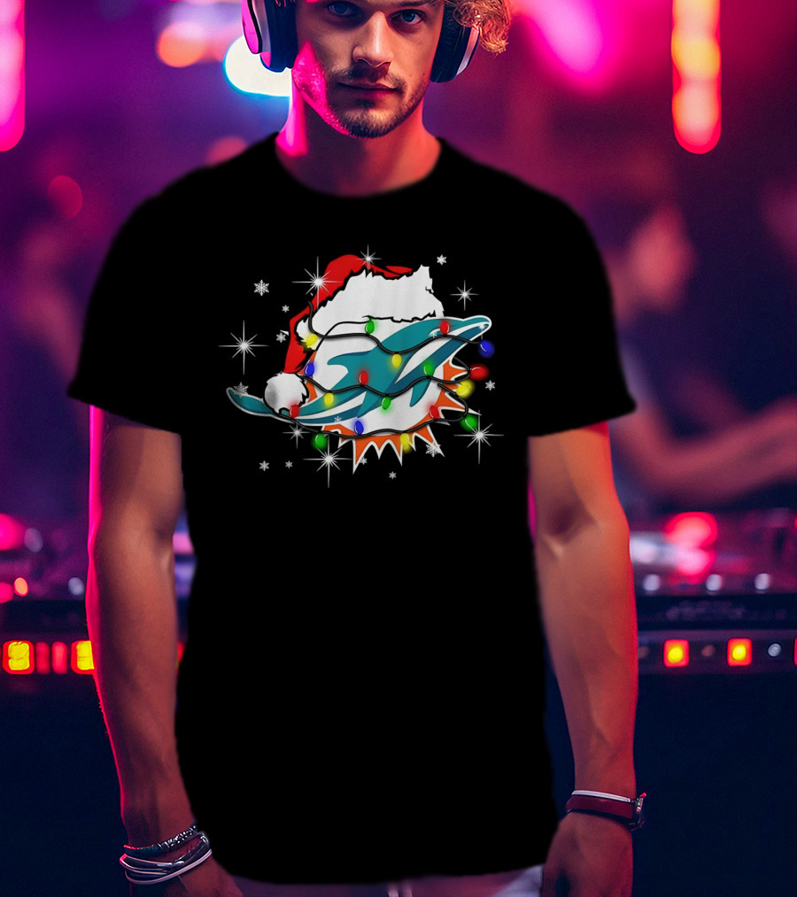 Miami Dolphins Santa Hat Christmas Lights Snowflakes T-Shirt