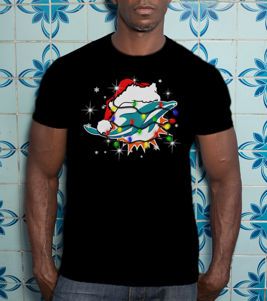 Miami Dolphins Santa Hat Christmas Lights Snowflakes T-Shirt