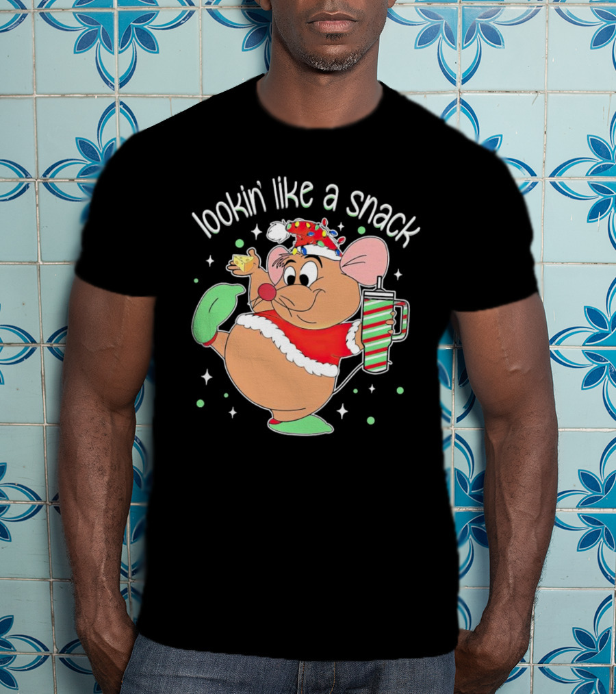 Lookin' Like A Snack Santa Mouse Holding Cheese And Peppermint Drink T-Shirt