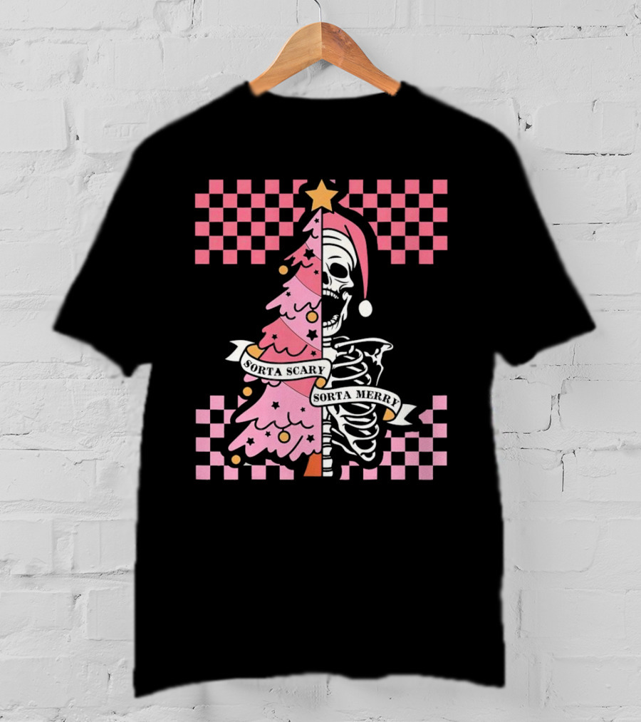 Skeleton Sorta Scary Sorta Merry Christmas Tree Split T-Shirt