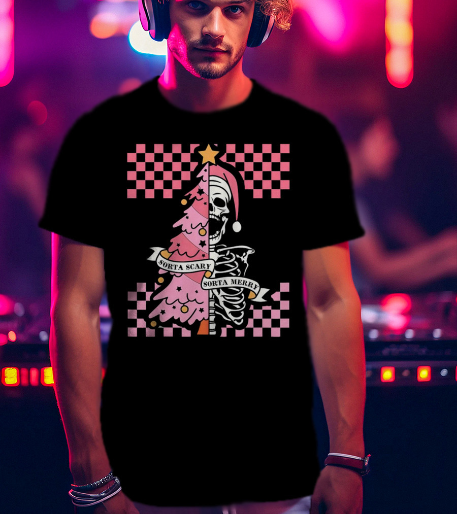 Skeleton Sorta Scary Sorta Merry Christmas Tree Split T-Shirt