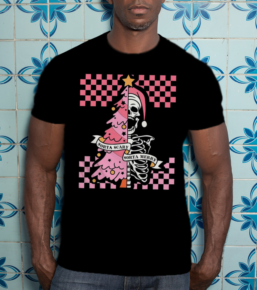 Skeleton Sorta Scary Sorta Merry Christmas Tree Split T-Shirt
