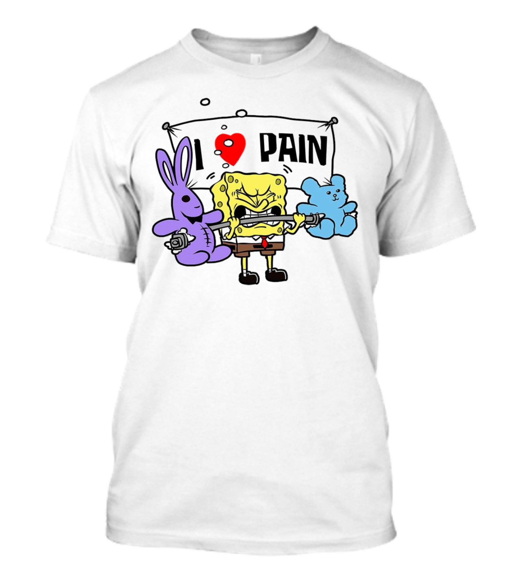 SpongeBob I Love Pain Weightlifting With Purple Bunny And Blue Bear T-Shirt