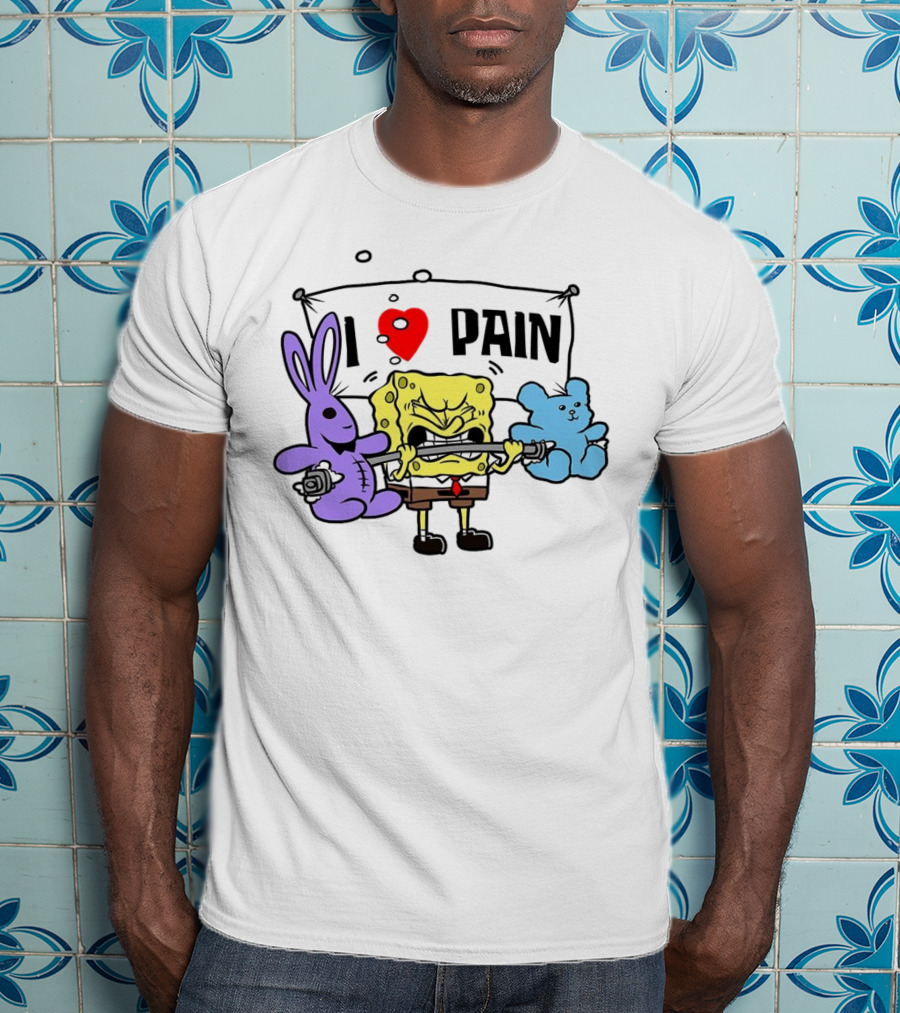 SpongeBob I Love Pain Weightlifting With Purple Bunny And Blue Bear T-Shirt