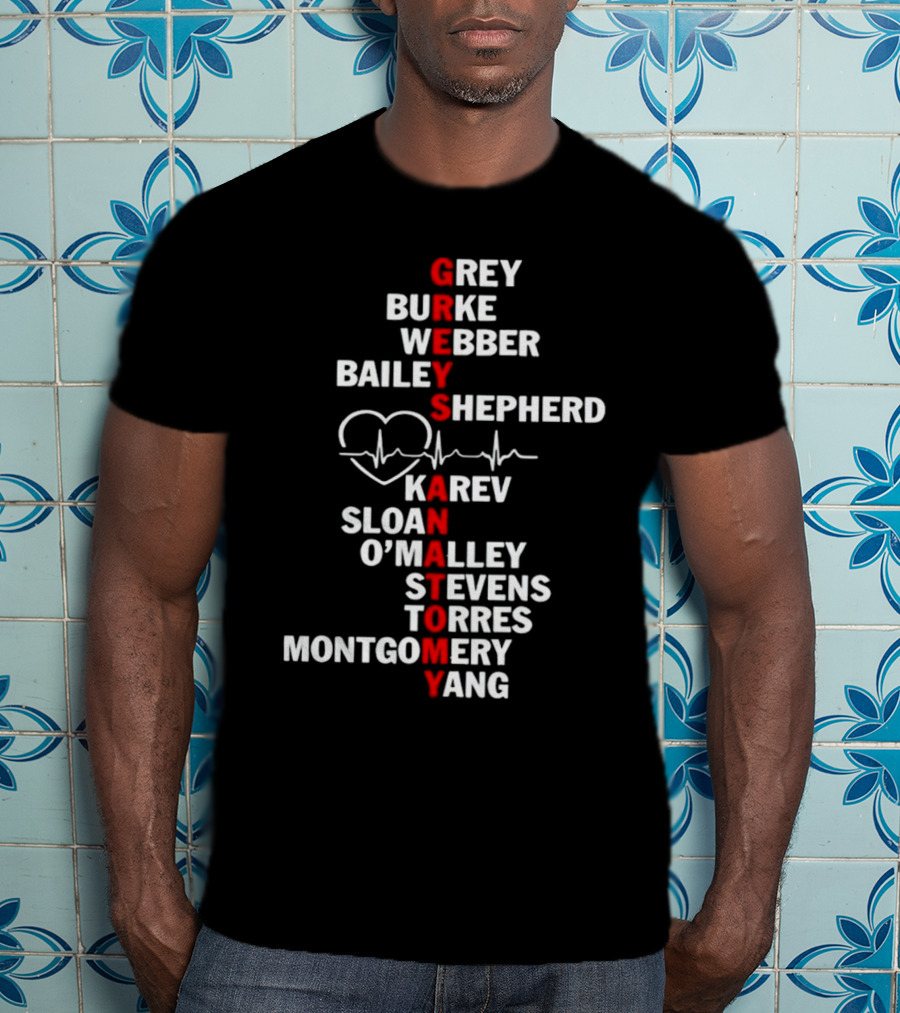 GREYS ANATOMY Grey Burke Webber Bailey Shepherd Karev Sloan O'Malley Stevens Torres Montgomery Yang Heartbeat T-Shirt