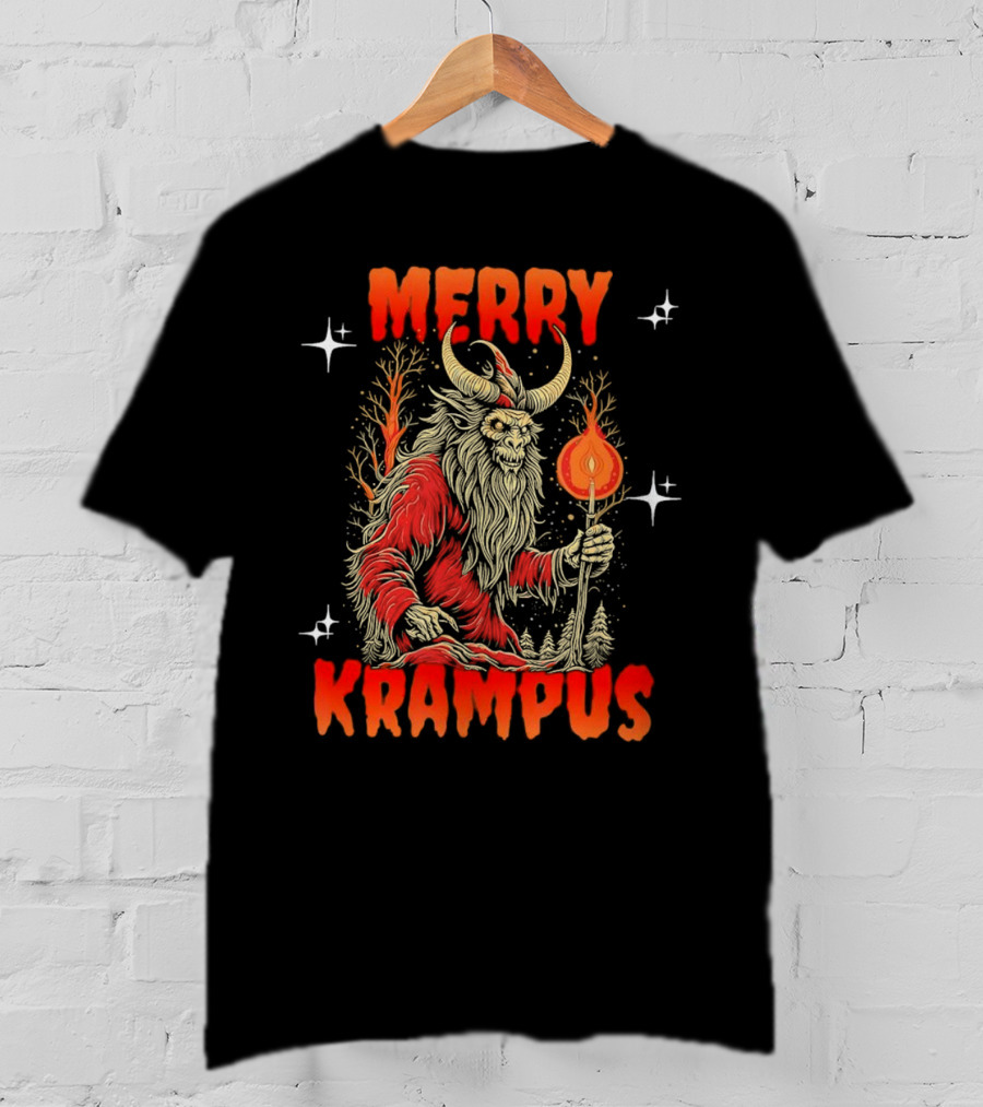 Merry Krampus Horror Christmas Demon With Fiery Torch In Forest Scene T-Shirt