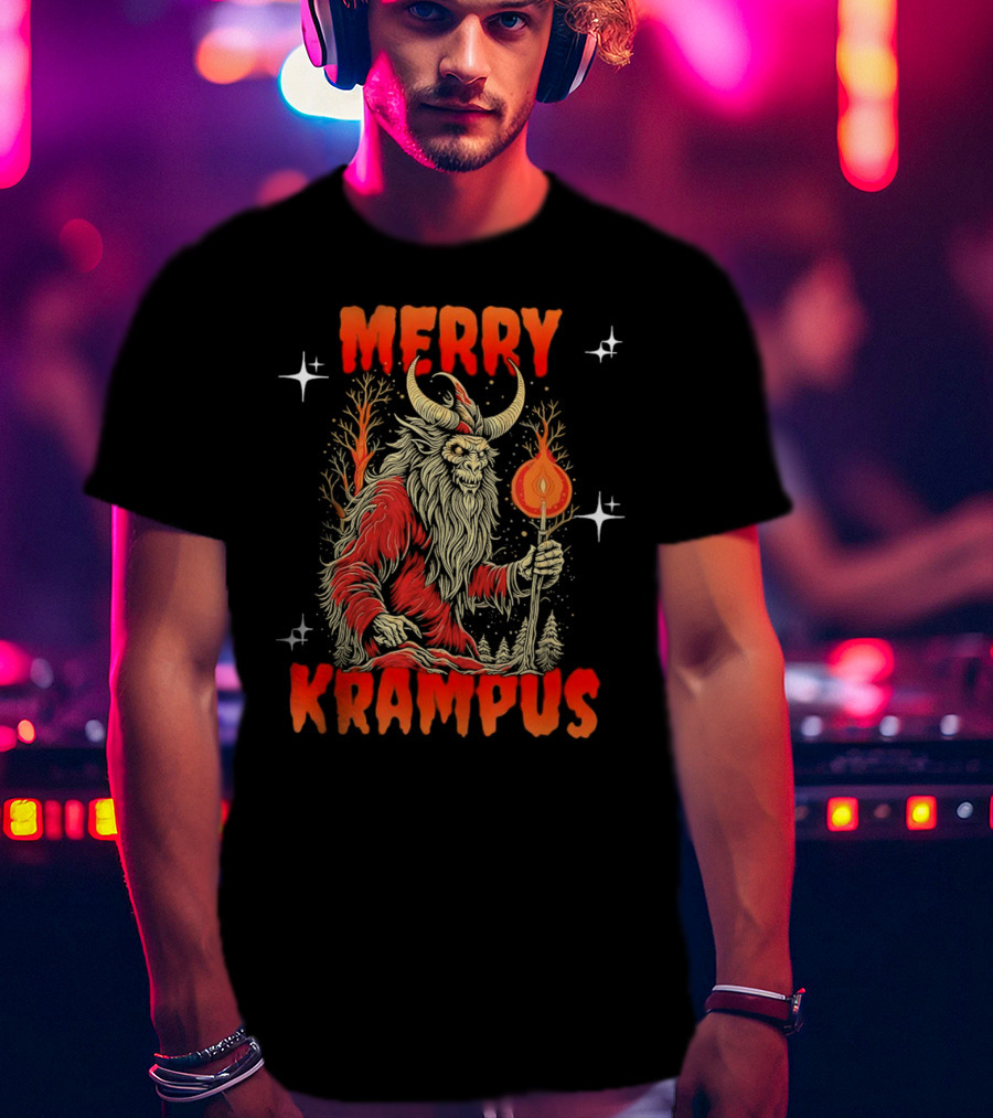 Merry Krampus Horror Christmas Demon With Fiery Torch In Forest Scene T-Shirt
