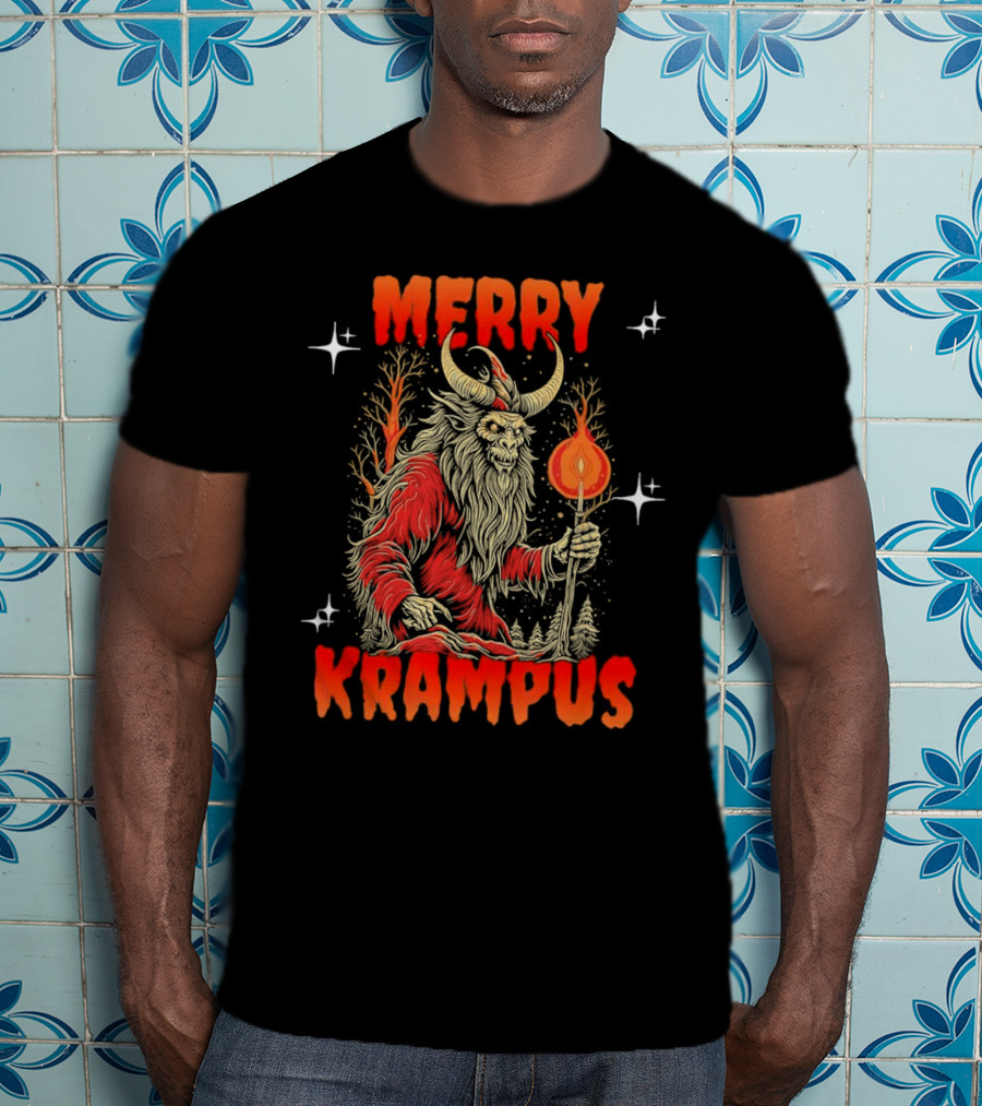 Merry Krampus Horror Christmas Demon With Fiery Torch In Forest Scene T-Shirt
