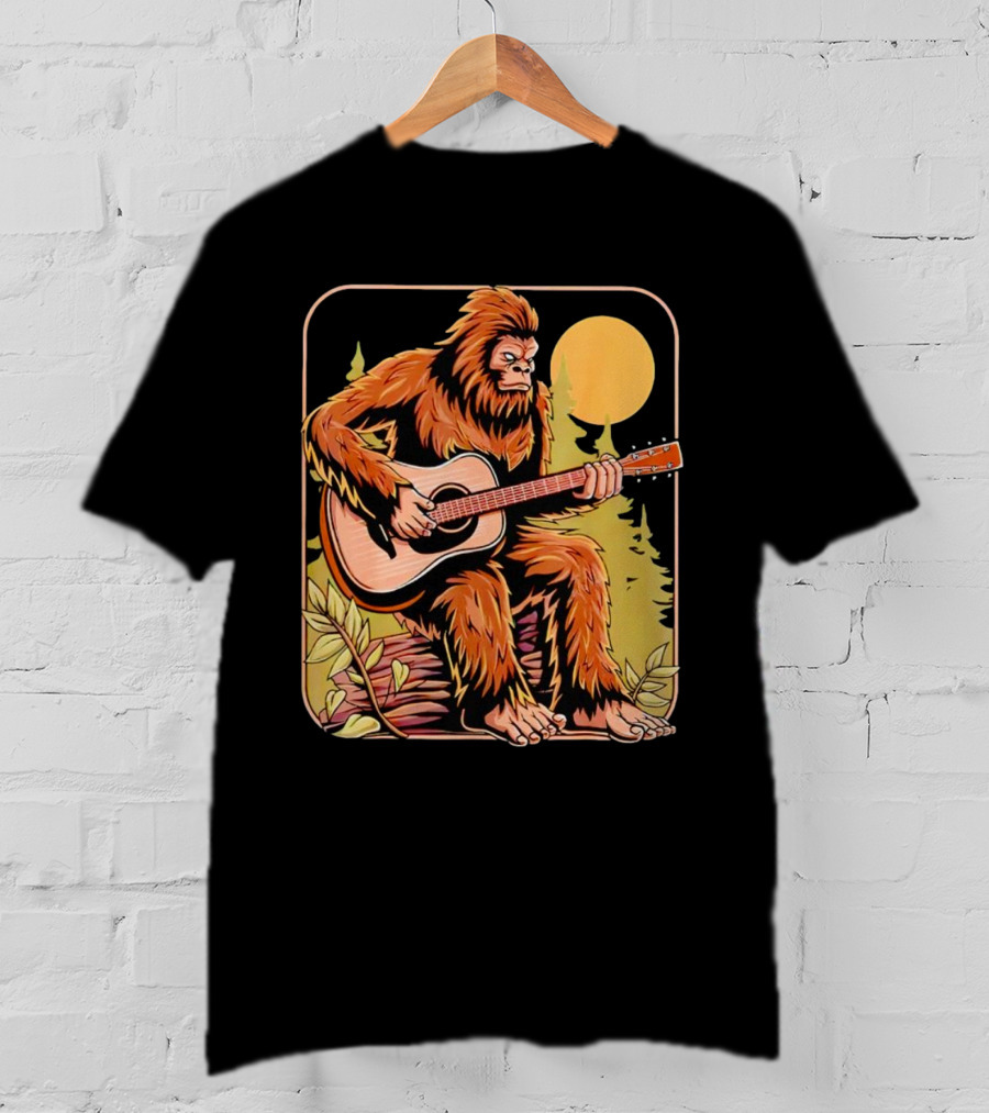 Bigfoot Playing Acoustic Guitar In Forest Scene T-Shirt
