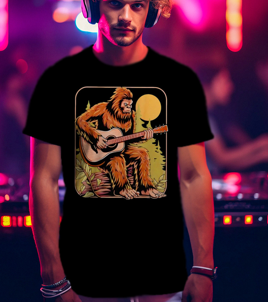 Bigfoot Playing Acoustic Guitar In Forest Scene T-Shirt