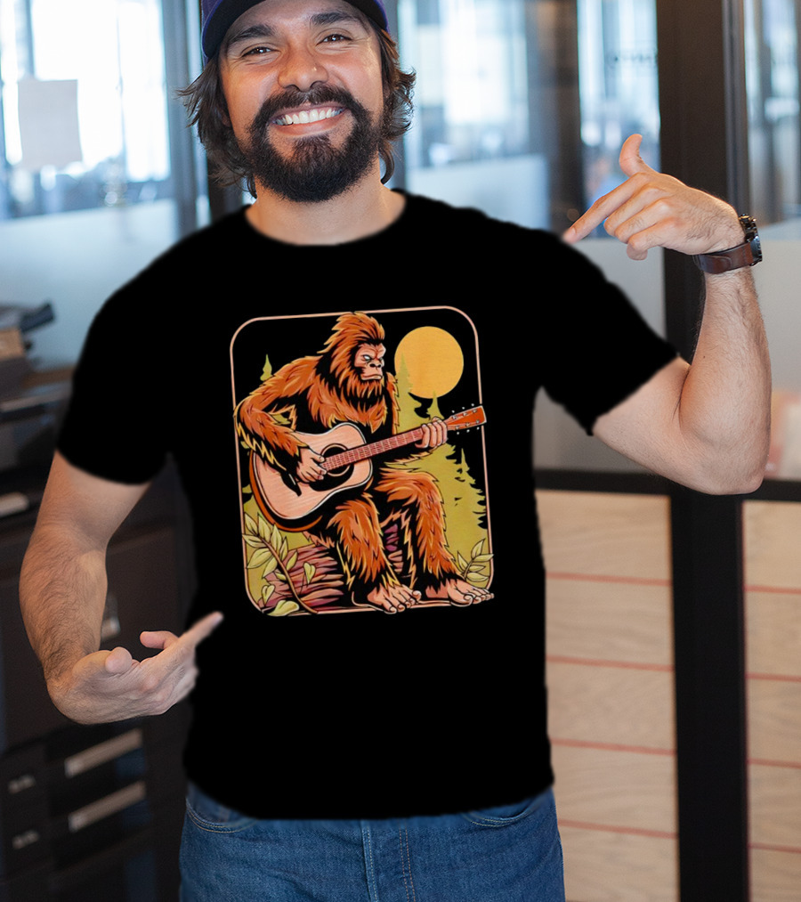 Bigfoot Playing Acoustic Guitar In Forest Scene T-Shirt