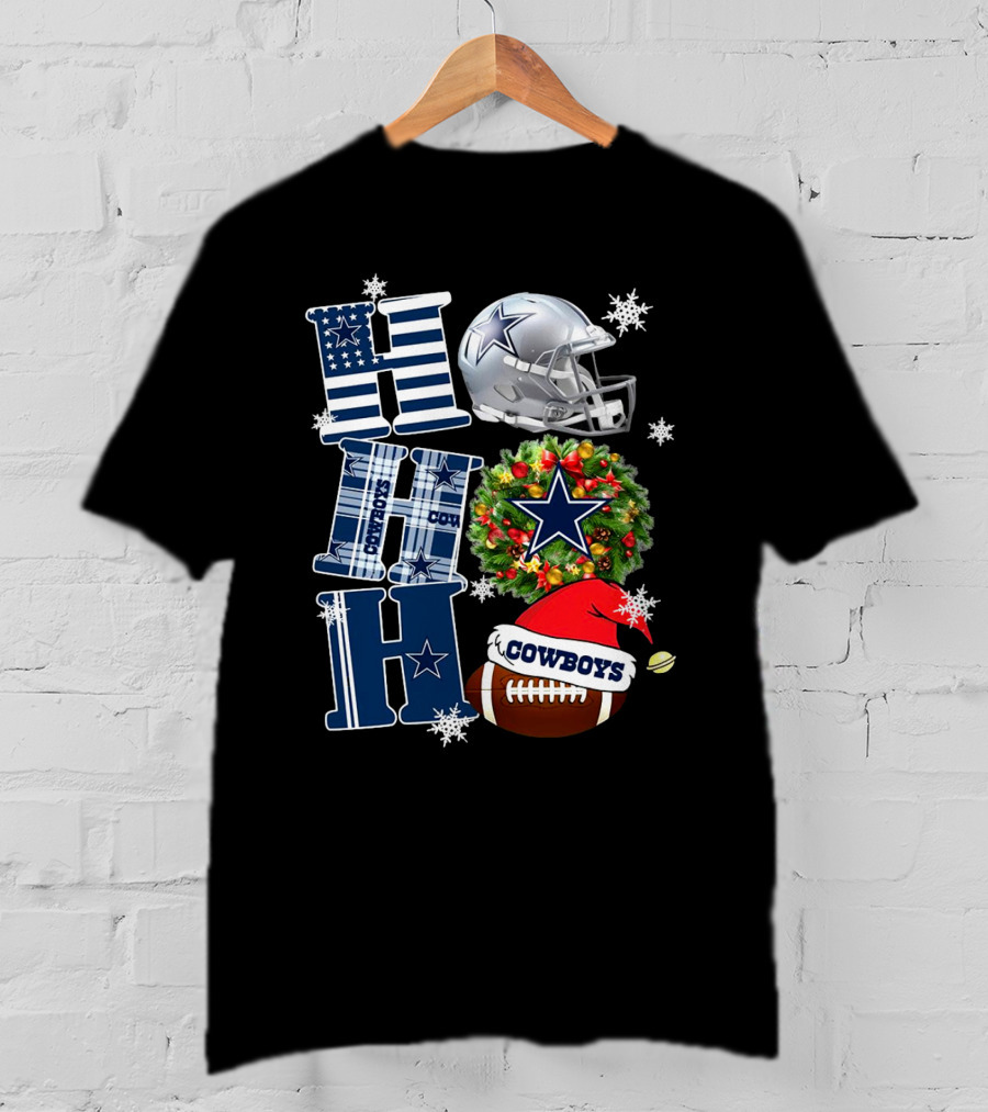 Dallas Cowboys NFL Ho Ho Ho Christmas Football Helmet Wreath Santa Hat T-Shirt