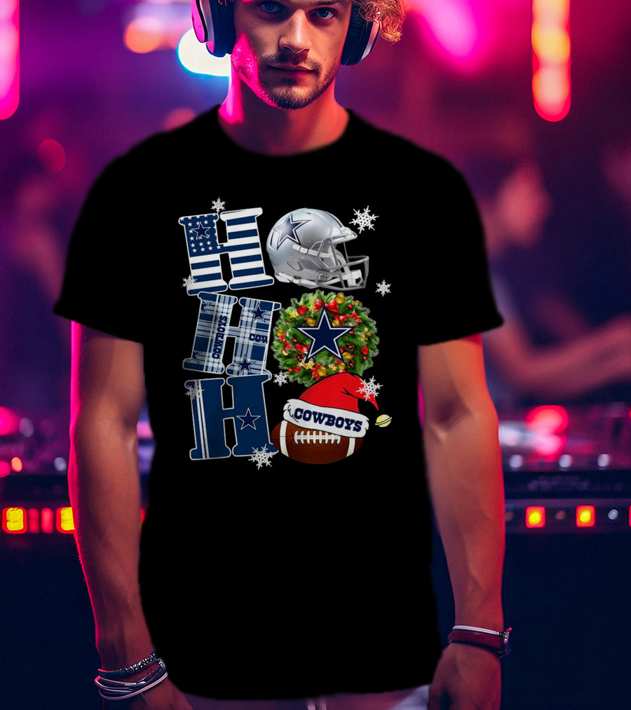 Dallas Cowboys NFL Ho Ho Ho Christmas Football Helmet Wreath Santa Hat T-Shirt