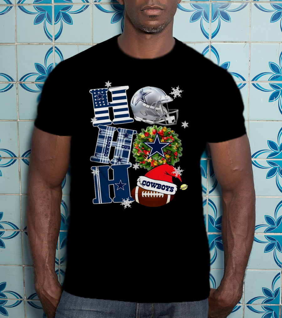 Dallas Cowboys NFL Ho Ho Ho Christmas Football Helmet Wreath Santa Hat T-Shirt