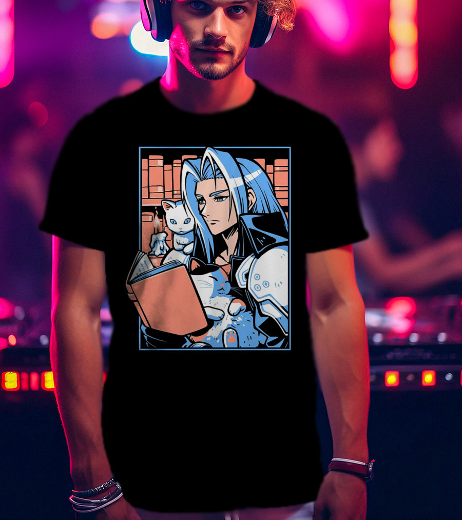 Sephiroth Reading In Basement Library With Cats And Books T-Shirt