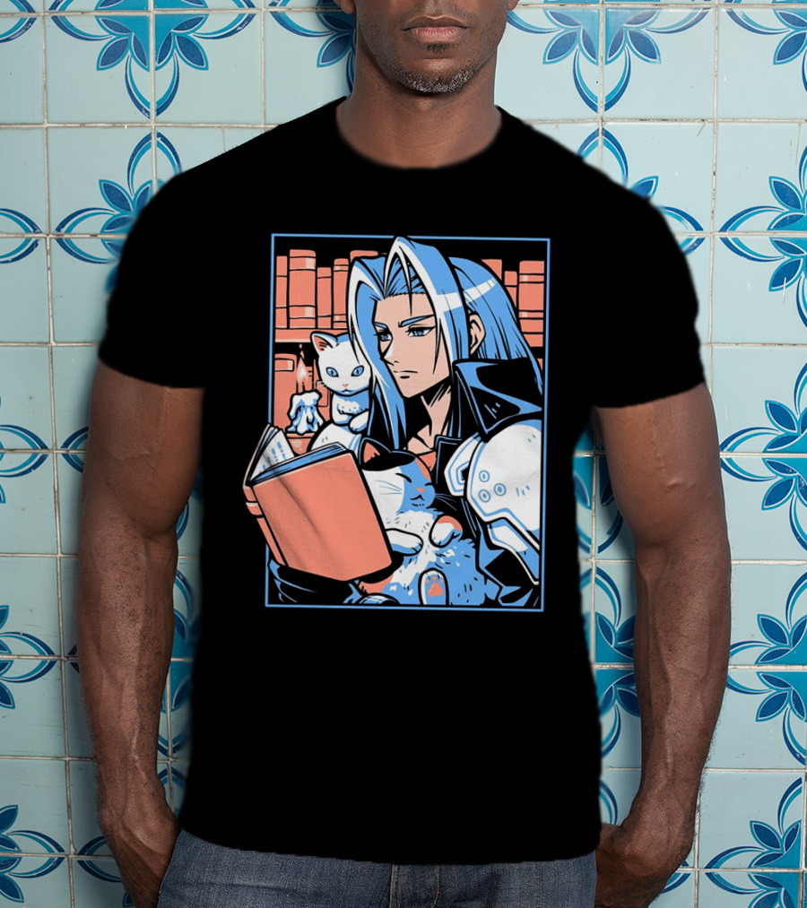 Sephiroth Reading In Basement Library With Cats And Books T-Shirt