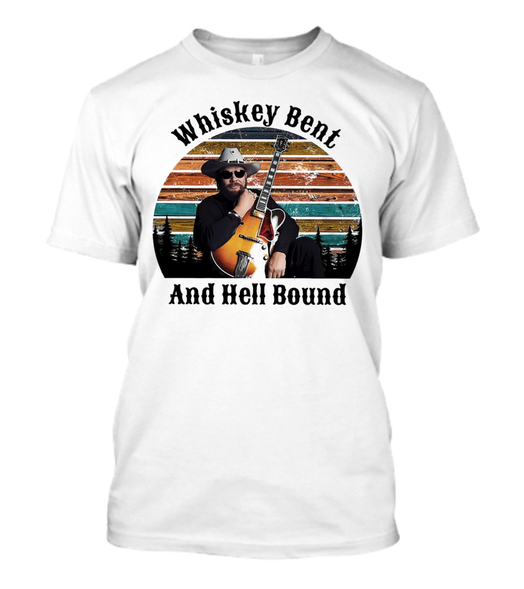 Whiskey Bent And Hell Bound Cowboy With Guitar Retro Sunset T-Shirt