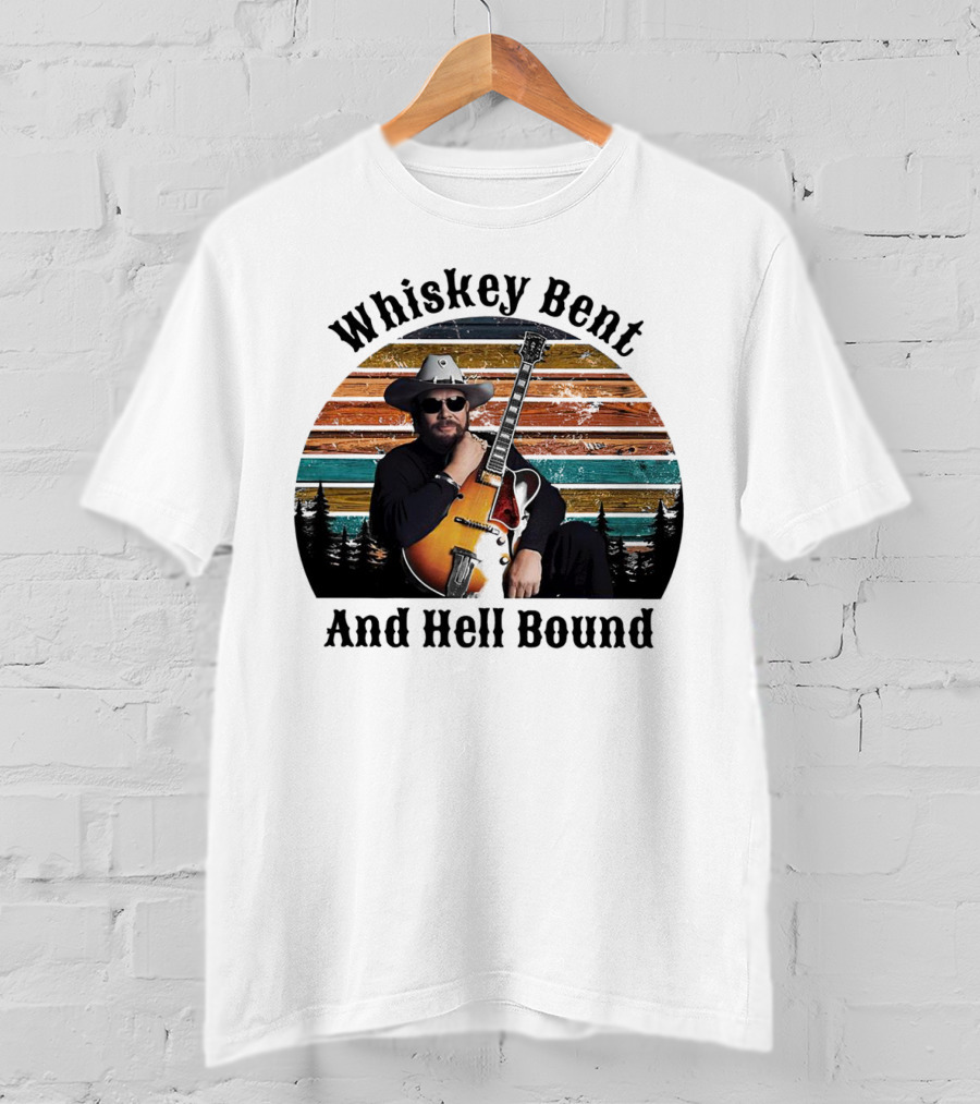 Whiskey Bent And Hell Bound Cowboy With Guitar Retro Sunset T-Shirt