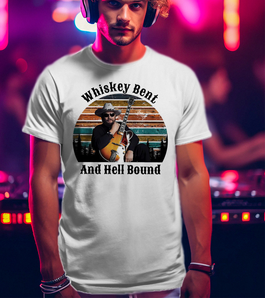Whiskey Bent And Hell Bound Cowboy With Guitar Retro Sunset T-Shirt