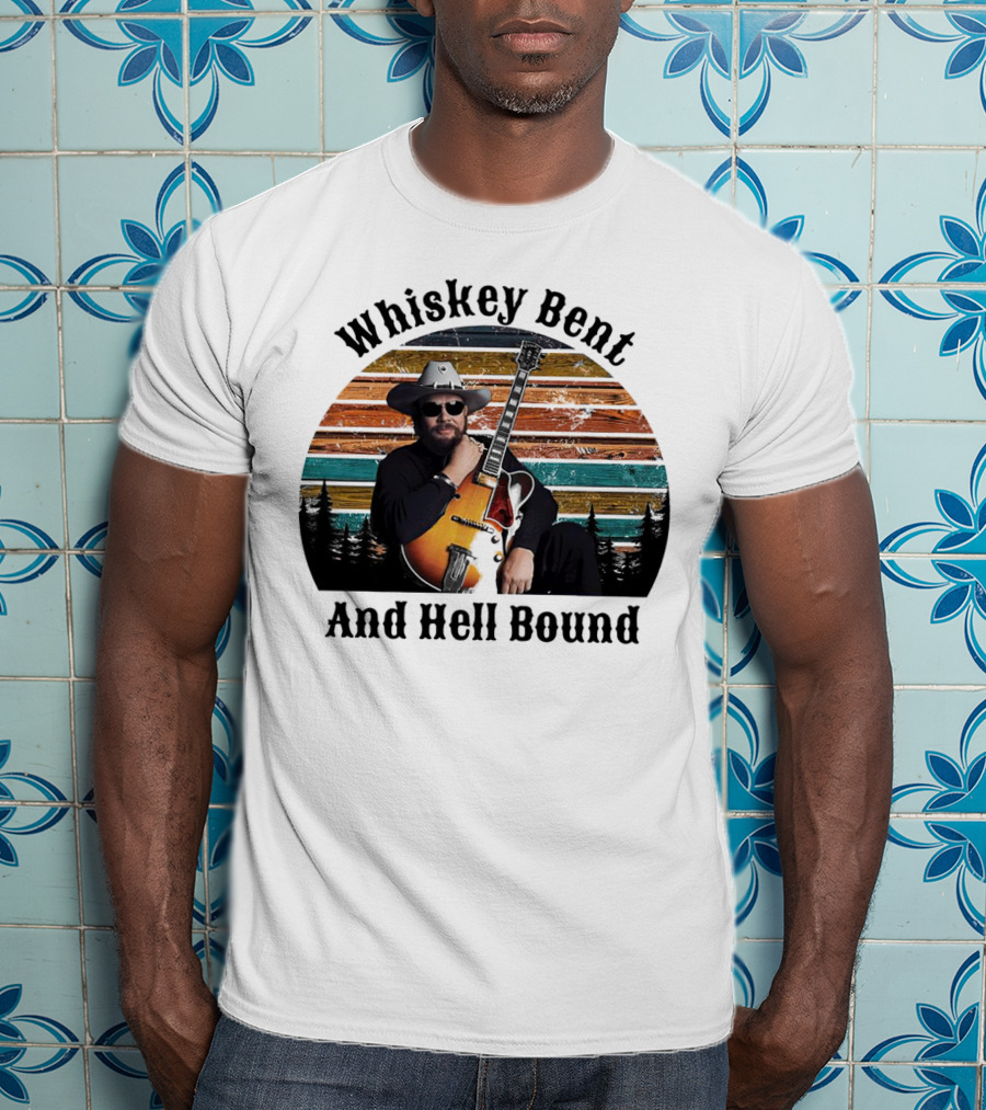 Whiskey Bent And Hell Bound Cowboy With Guitar Retro Sunset T-Shirt