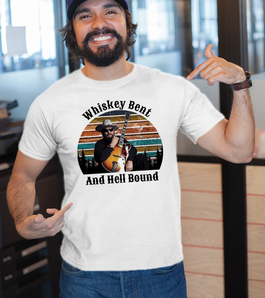 Whiskey Bent And Hell Bound Cowboy With Guitar Retro Sunset T-Shirt