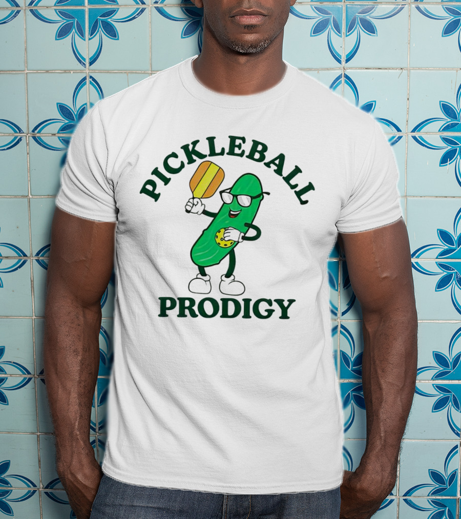 PICKLEBALL PRODIGY FUN PICKLE CHARACTER WITH PADDLE AND SUNGLASSES T-Shirt