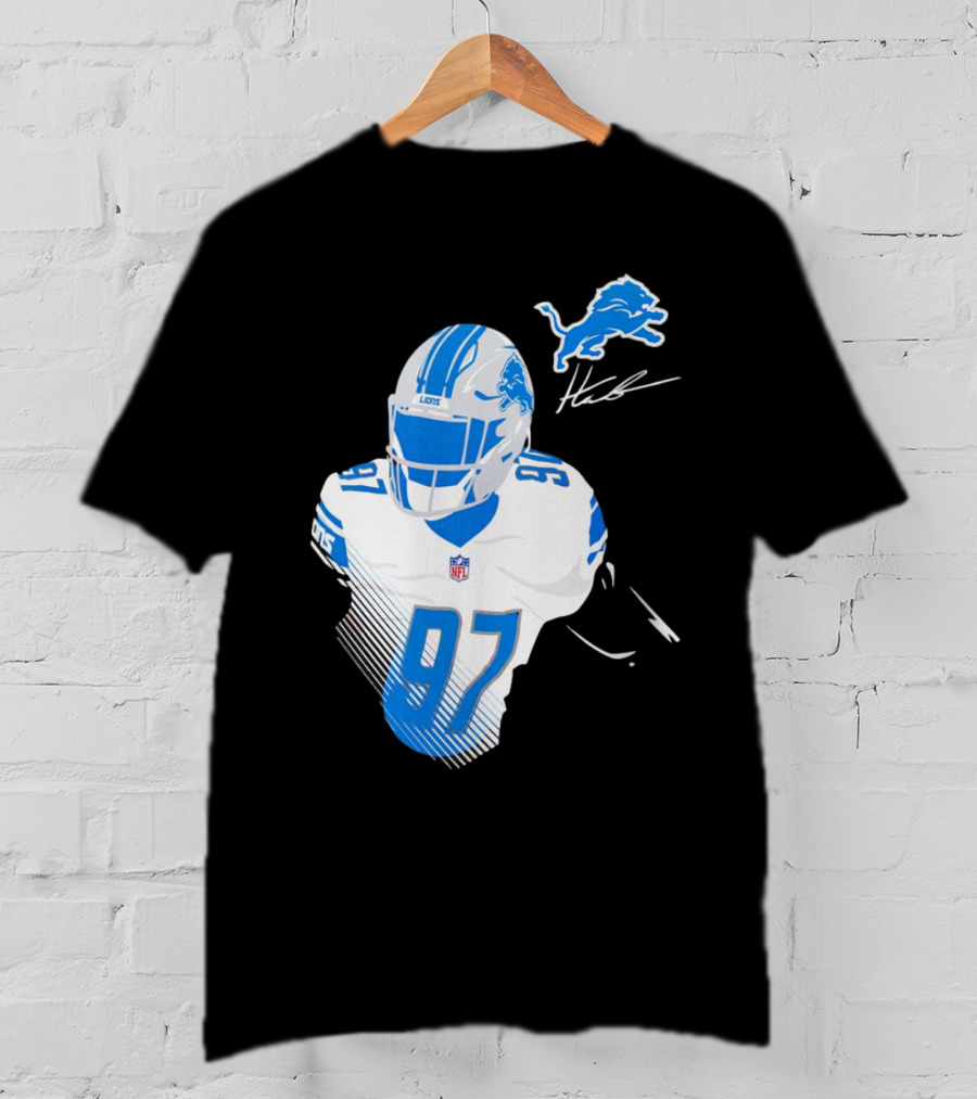 Aidan Hutchinson Detroit Lions Player Signature 97 NFL Logo Lions Helmet T-Shirt