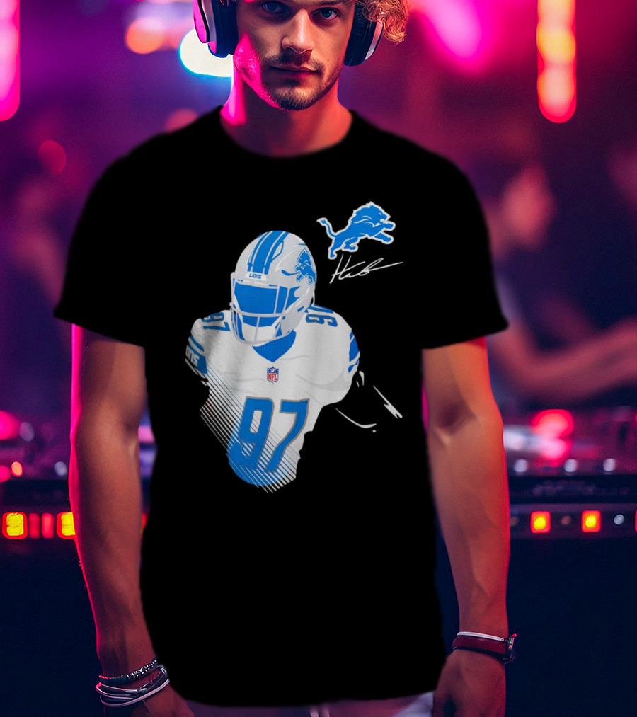 Aidan Hutchinson Detroit Lions Player Signature 97 NFL Logo Lions Helmet T-Shirt