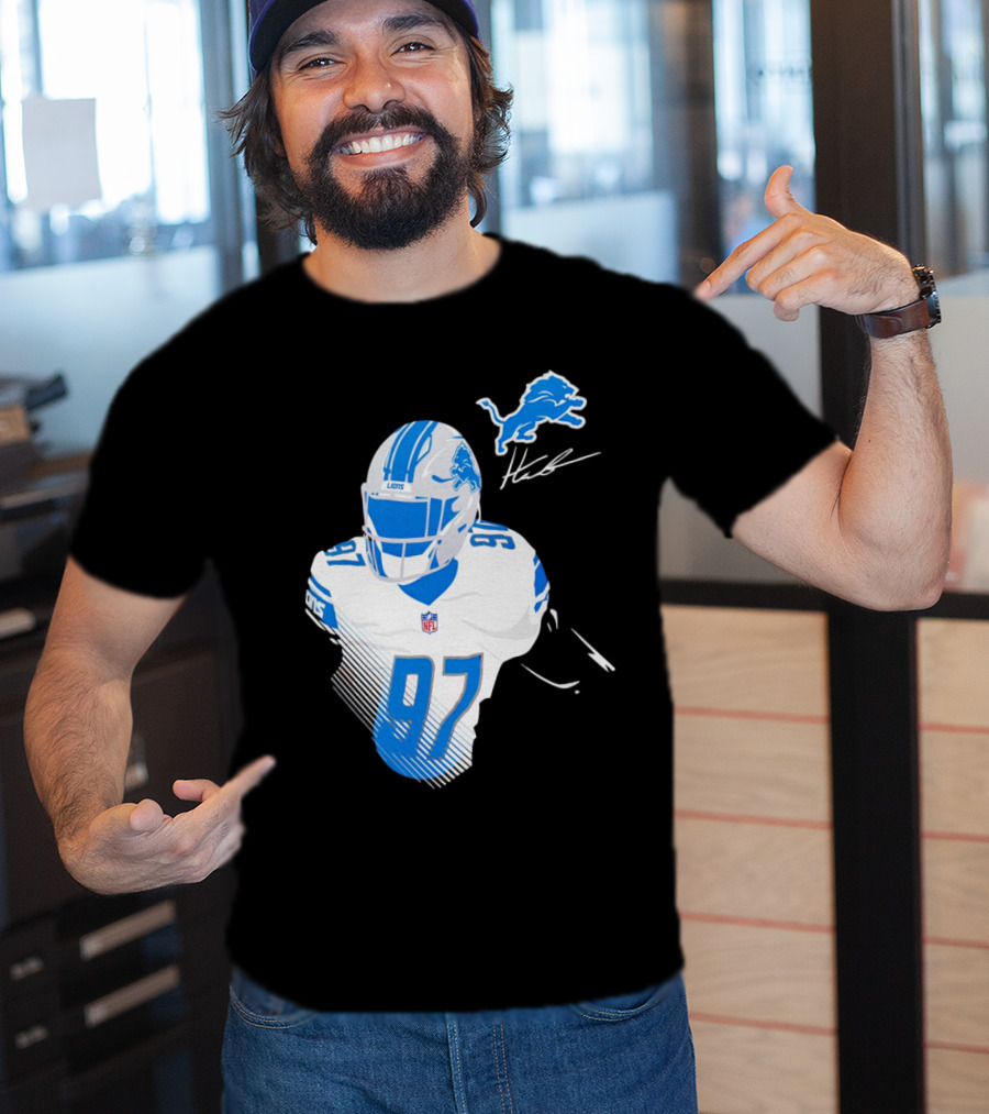 Aidan Hutchinson Detroit Lions Player Signature 97 NFL Logo Lions Helmet T-Shirt