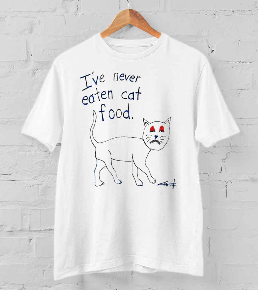 I’ve Never Eaten Cat Food Black Cat Drawing With Blue Mustache And Red Eyes T-Shirt