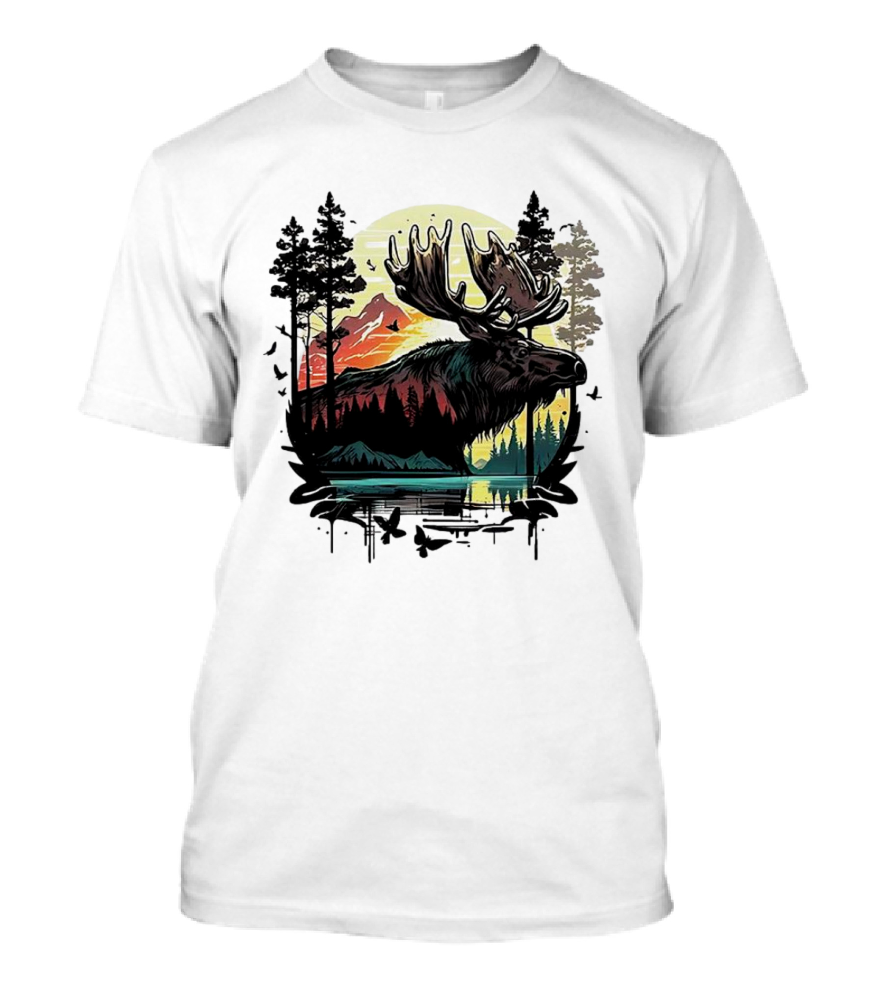 Moose In The Forest With Sunset And Mountain Landscape T-Shirt