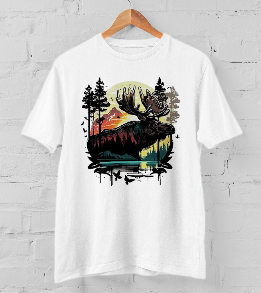 Moose In The Forest With Sunset And Mountain Landscape T-Shirt