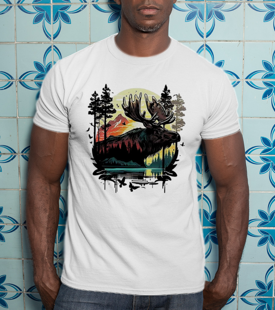 Moose In The Forest With Sunset And Mountain Landscape T-Shirt