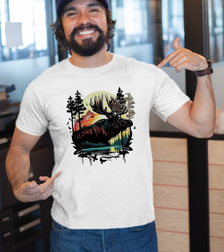 Moose In The Forest With Sunset And Mountain Landscape T-Shirt