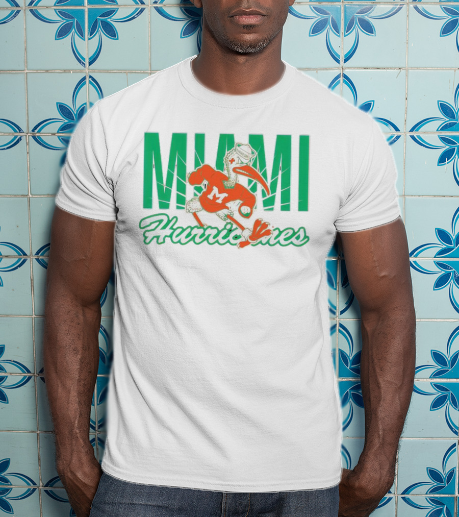 Miami Hurricanes Sebastian The Ibis Mascot With Bold Lettering T-Shirt