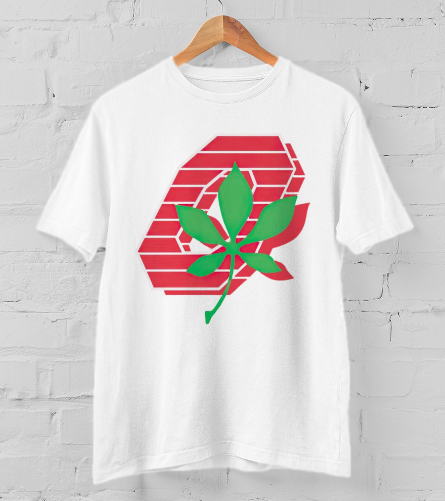 Ohio State Buckeyes Scarlet And Gray O With Green Leaf Emblem T-Shirt