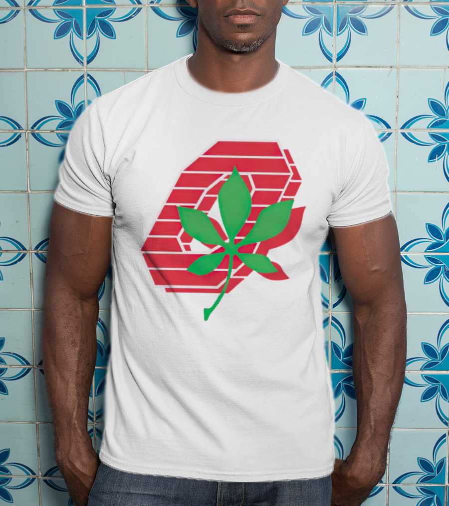 Ohio State Buckeyes Scarlet And Gray O With Green Leaf Emblem T-Shirt