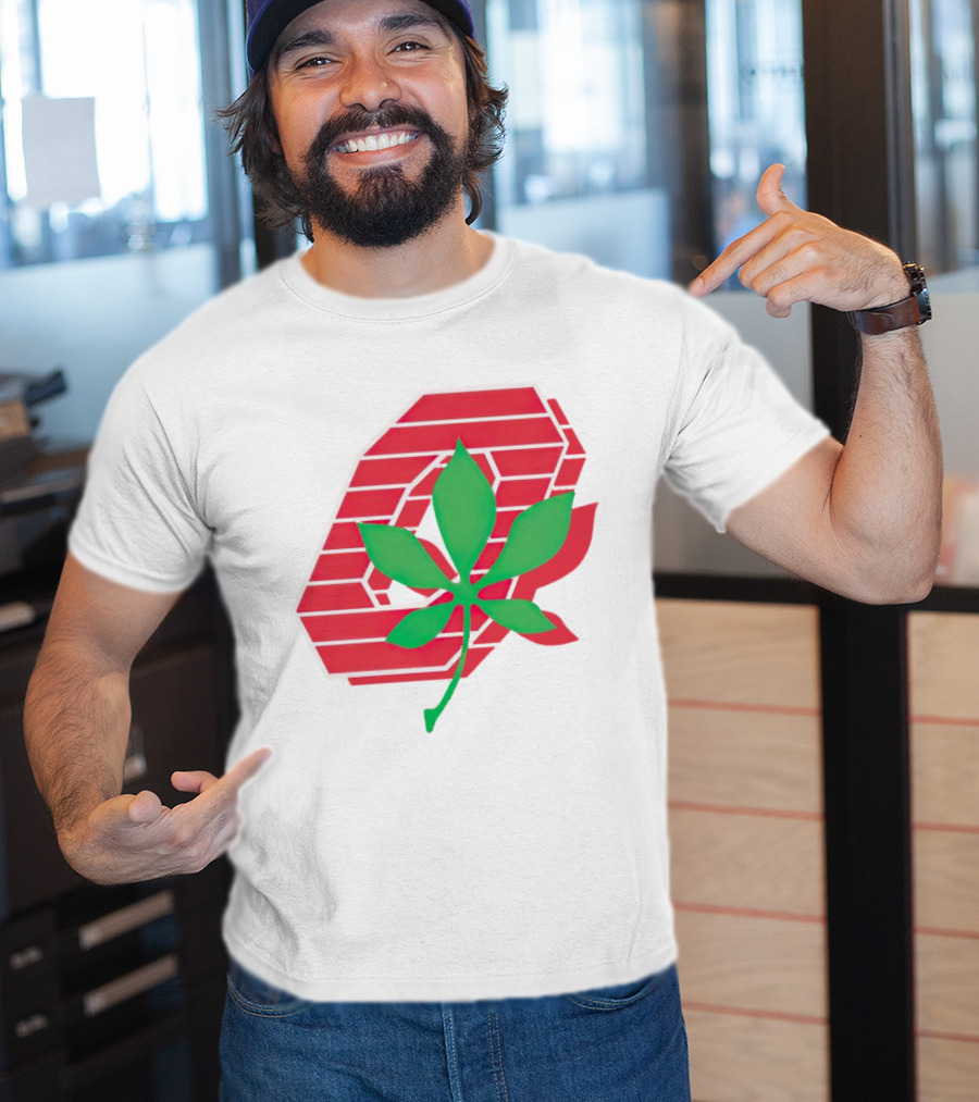 Ohio State Buckeyes Scarlet And Gray O With Green Leaf Emblem T-Shirt