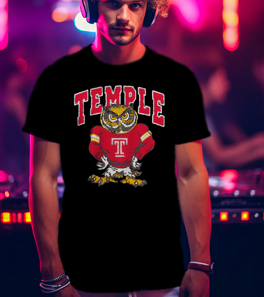 Temple Owls Football Mascot In Red Jersey With Bold Temple Text T-Shirt