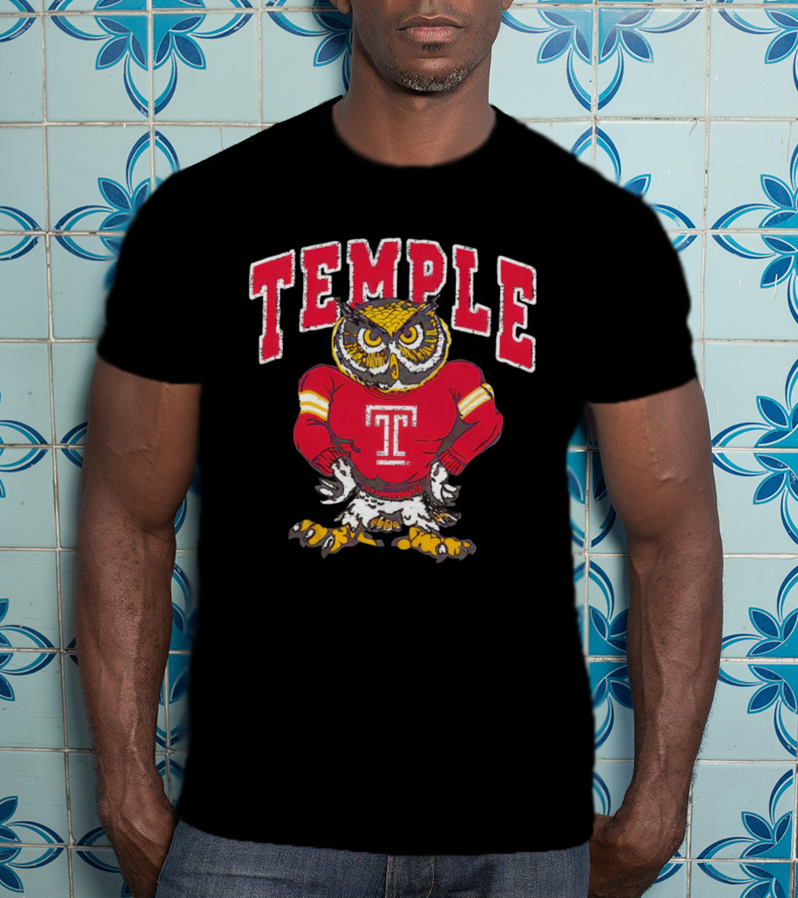 Temple Owls Football Mascot In Red Jersey With Bold Temple Text T-Shirt