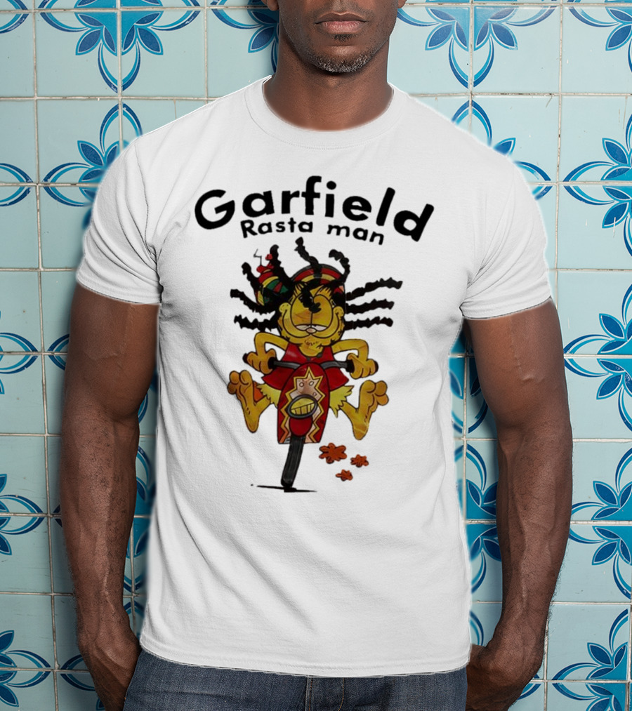Garfield Rasta Man Dreadlocks Bicycle Whimsical Fun T-Shirt