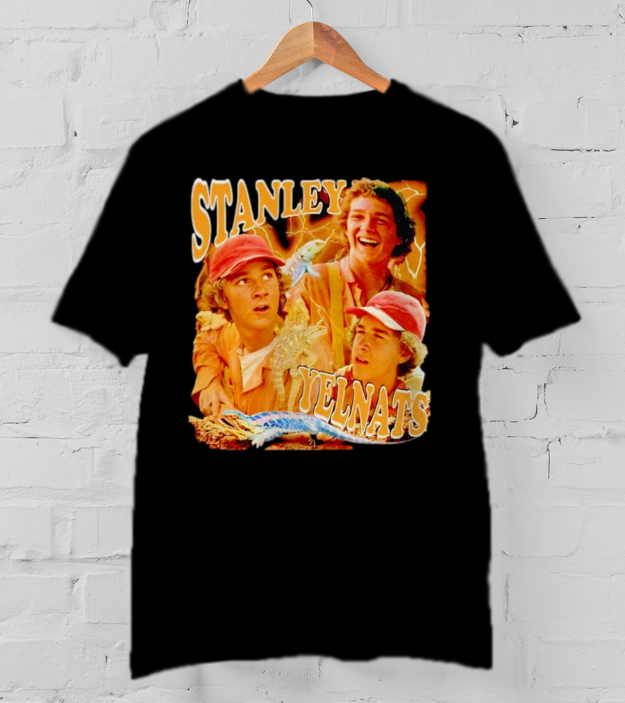Stanley Yelnats Character Collage With Orange Background And Lizard T-Shirt