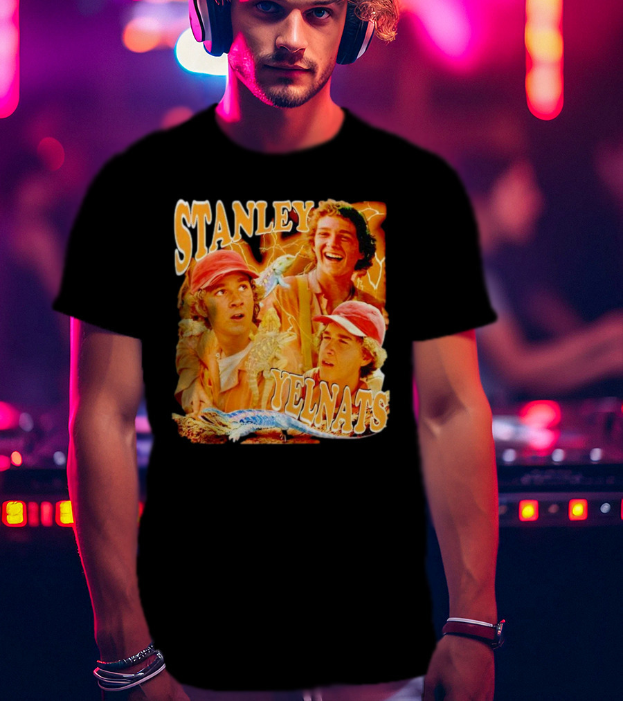 Stanley Yelnats Character Collage With Orange Background And Lizard T-Shirt