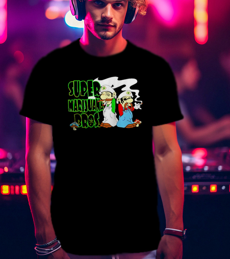 Super Marijuana Bros Weed Parody With Smoking Characters And Mushrooms T-Shirt