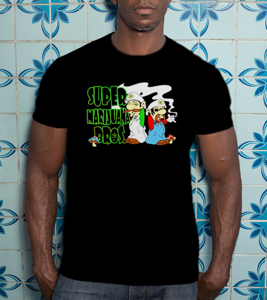 Super Marijuana Bros Weed Parody With Smoking Characters And Mushrooms T-Shirt