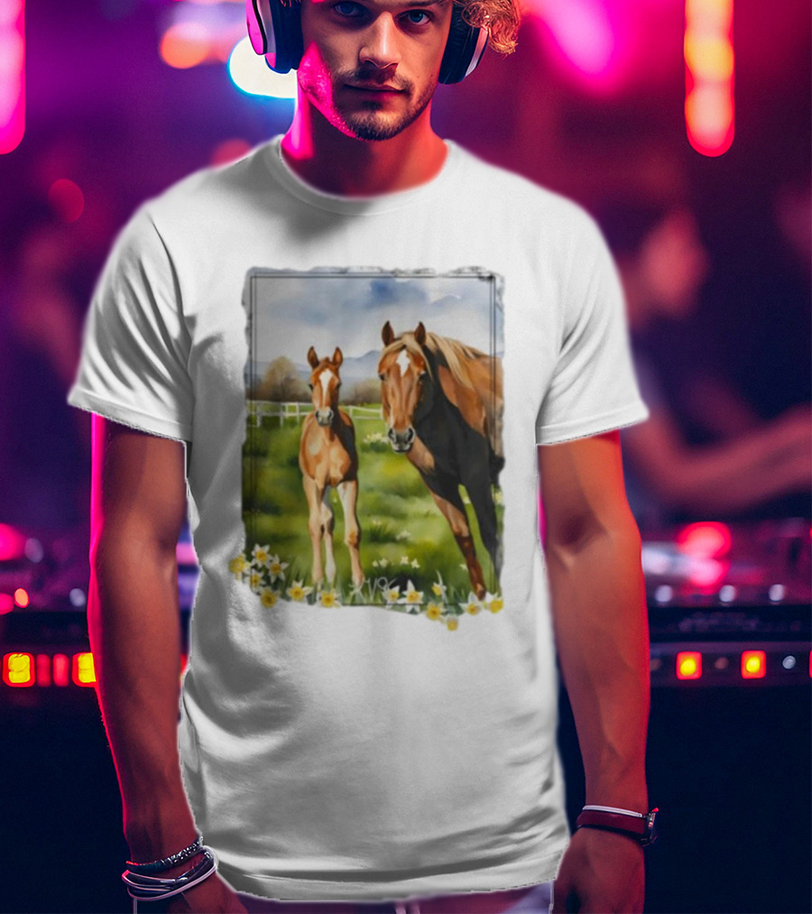 Ginger And Freddie Horses In Scenic Pasture With Daffodils T-Shirt