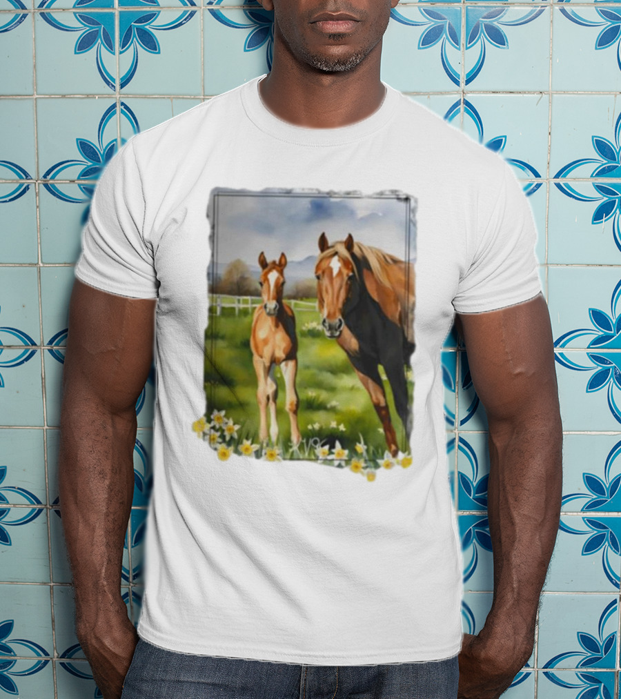 Ginger And Freddie Horses In Scenic Pasture With Daffodils T-Shirt