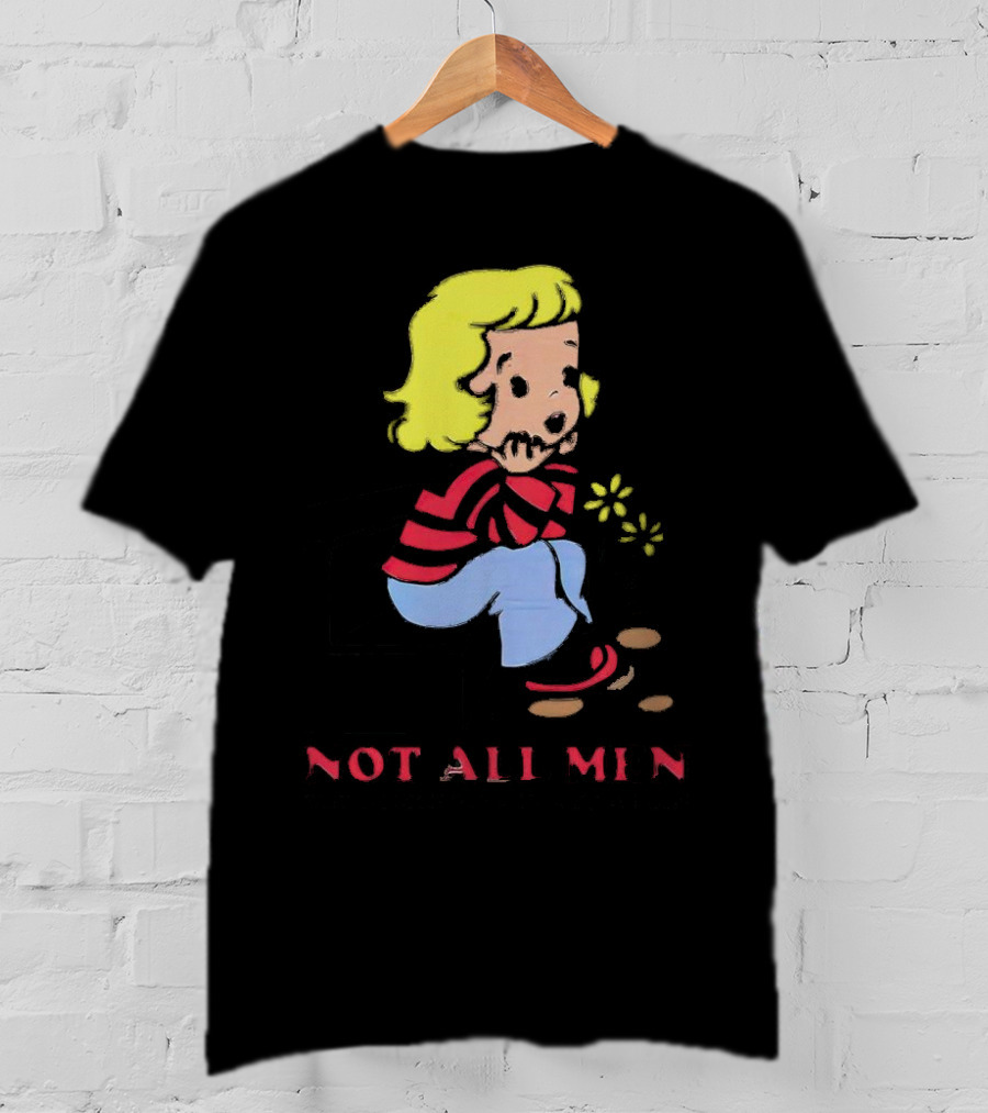 Not All Men But Somehow Always A Man Cartoon Character Sitting On Steps With Flowers T-Shirt